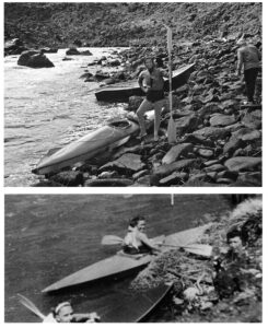 Two photos of woman by a kayak